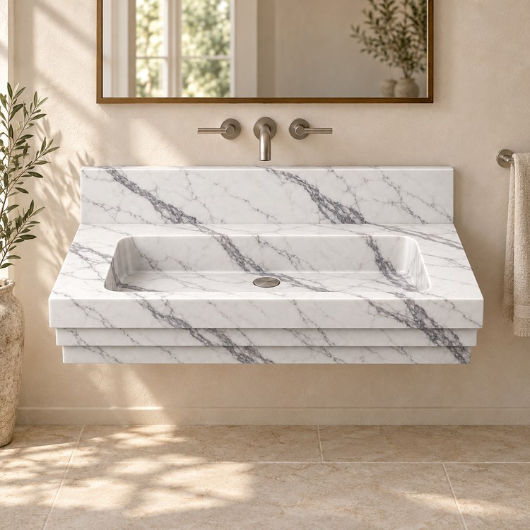 Cascade Statuario Stepped Front Floating Marble Sink, styled bathroom view, design rendering