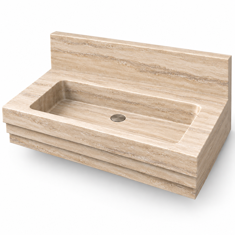 Cascade Travertine Stepped Front Floating Stone Sink, three-quarter view on white, design rendering