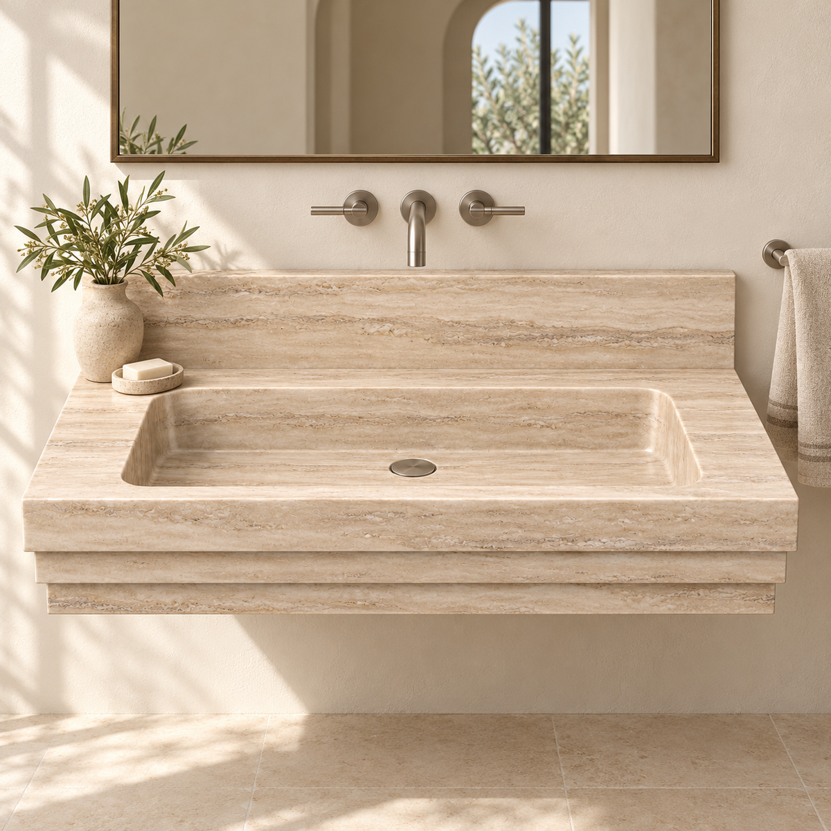 Cascade Travertine Stepped Front Floating Stone Sink, styled bathroom view, design rendering