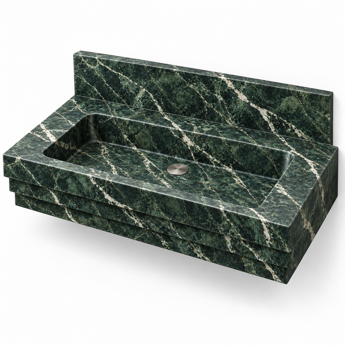 Cascade Verde Alpi Stepped Front Floating Marble Sink, three-quarter view on white, design rendering