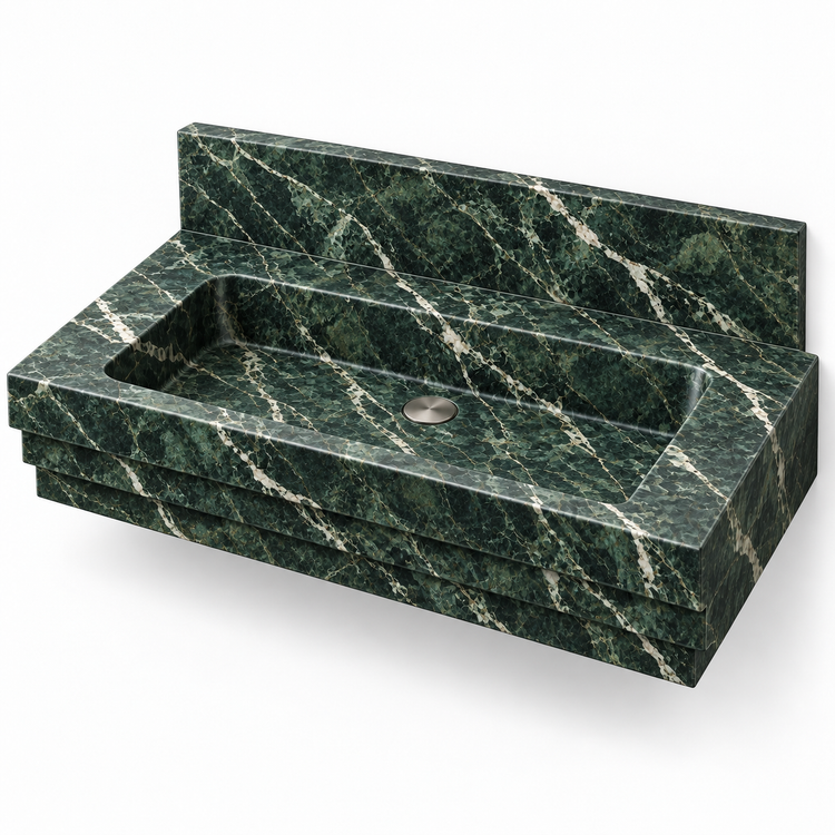 Cascade Verde Alpi Stepped Front Floating Marble Sink, three-quarter view on white, design rendering