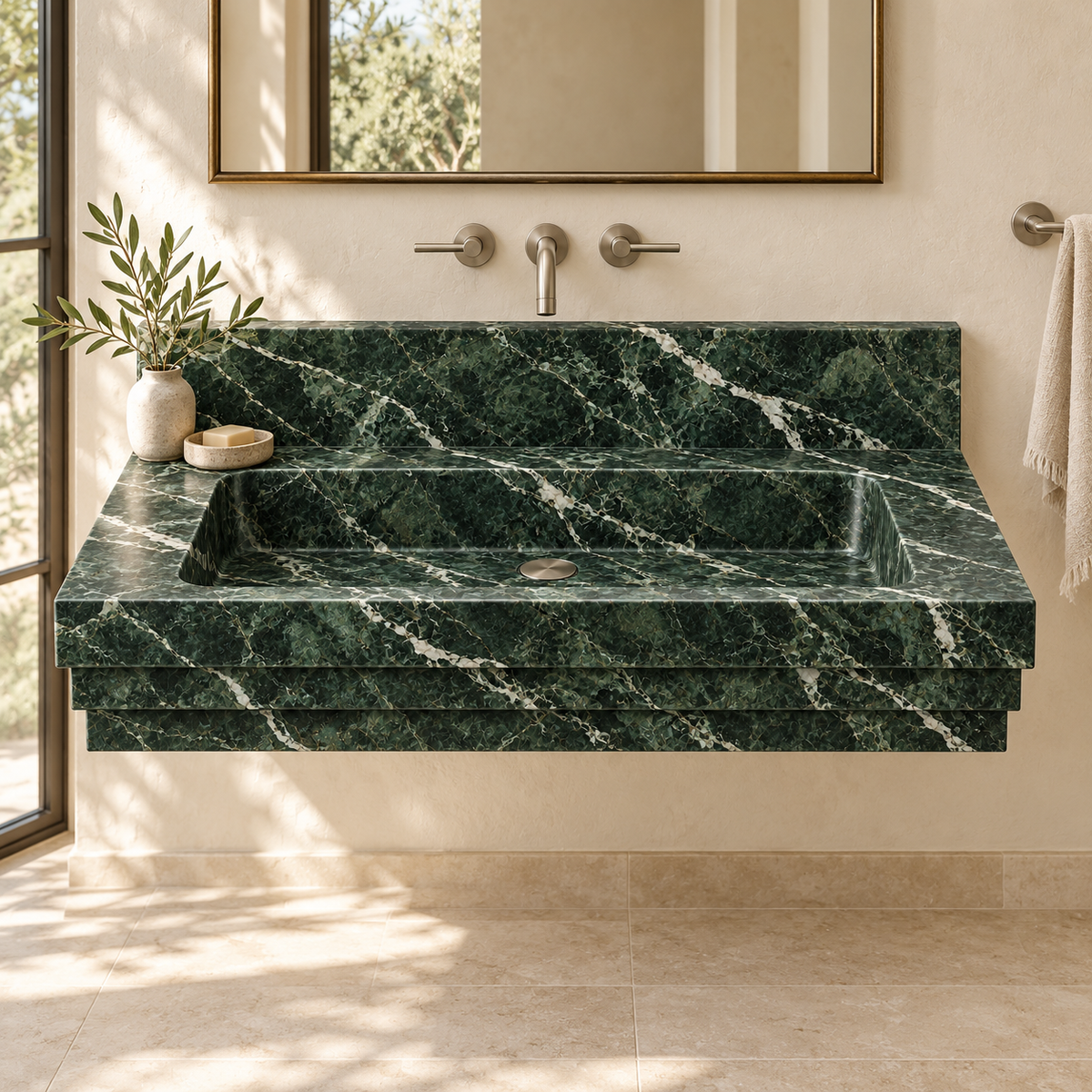 Cascade Verde Alpi Stepped Front Floating Marble Sink, styled bathroom view, design rendering