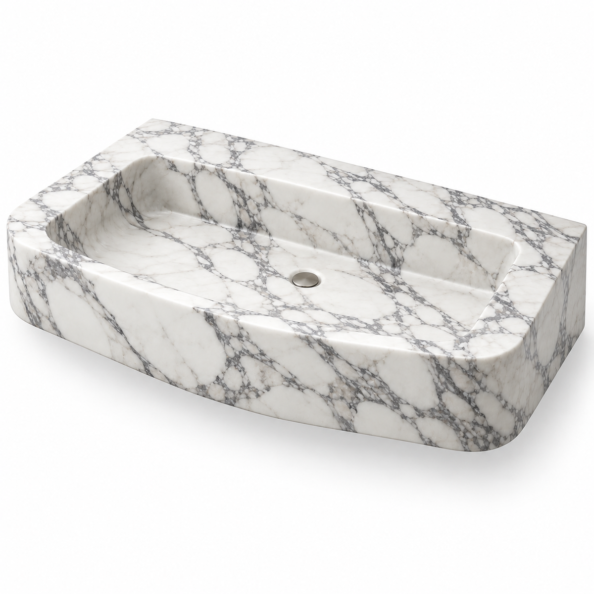 Cove Arabescato Curved Apron Floating Marble Sink, three-quarter view on white, design rendering