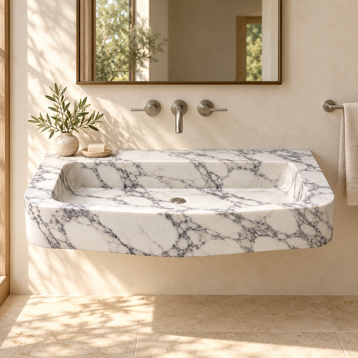 Cove Arabescato Curved Apron Floating Marble Sink, styled bathroom view, design rendering