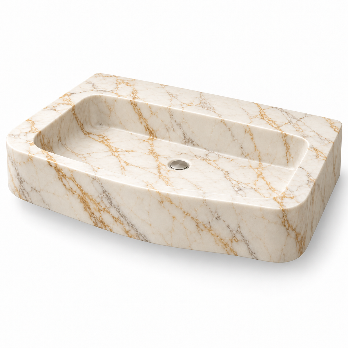 Cove Calacatta Gold Curved Apron Floating Marble Sink, three-quarter view on white, design rendering