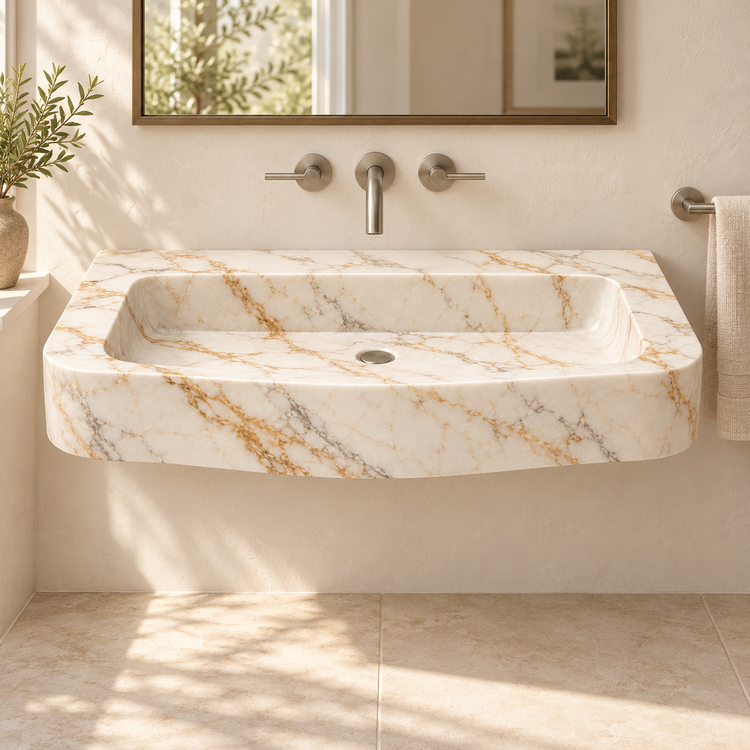 Cove Calacatta Gold Curved Apron Floating Marble Sink, styled bathroom view, design rendering