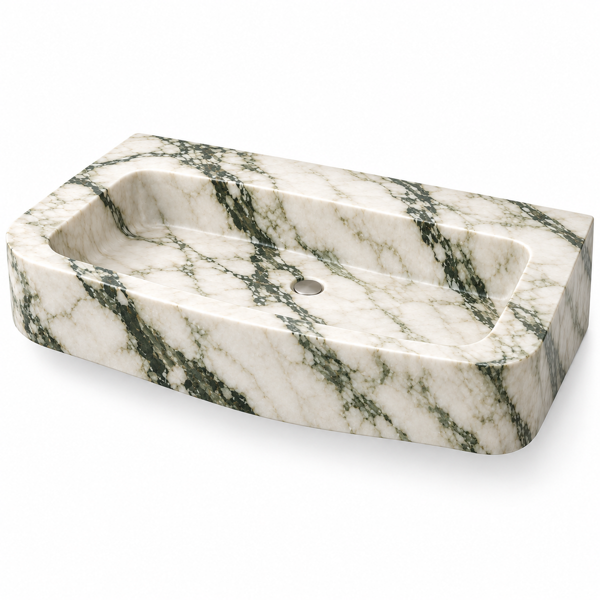 Cove Calacatta Green Curved Apron Floating Marble Sink, three-quarter view on white, design rendering