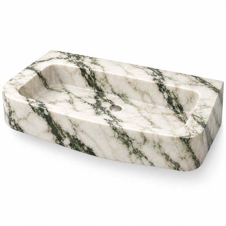 Cove Calacatta Green Curved Apron Floating Marble Sink, three-quarter view on white, design rendering