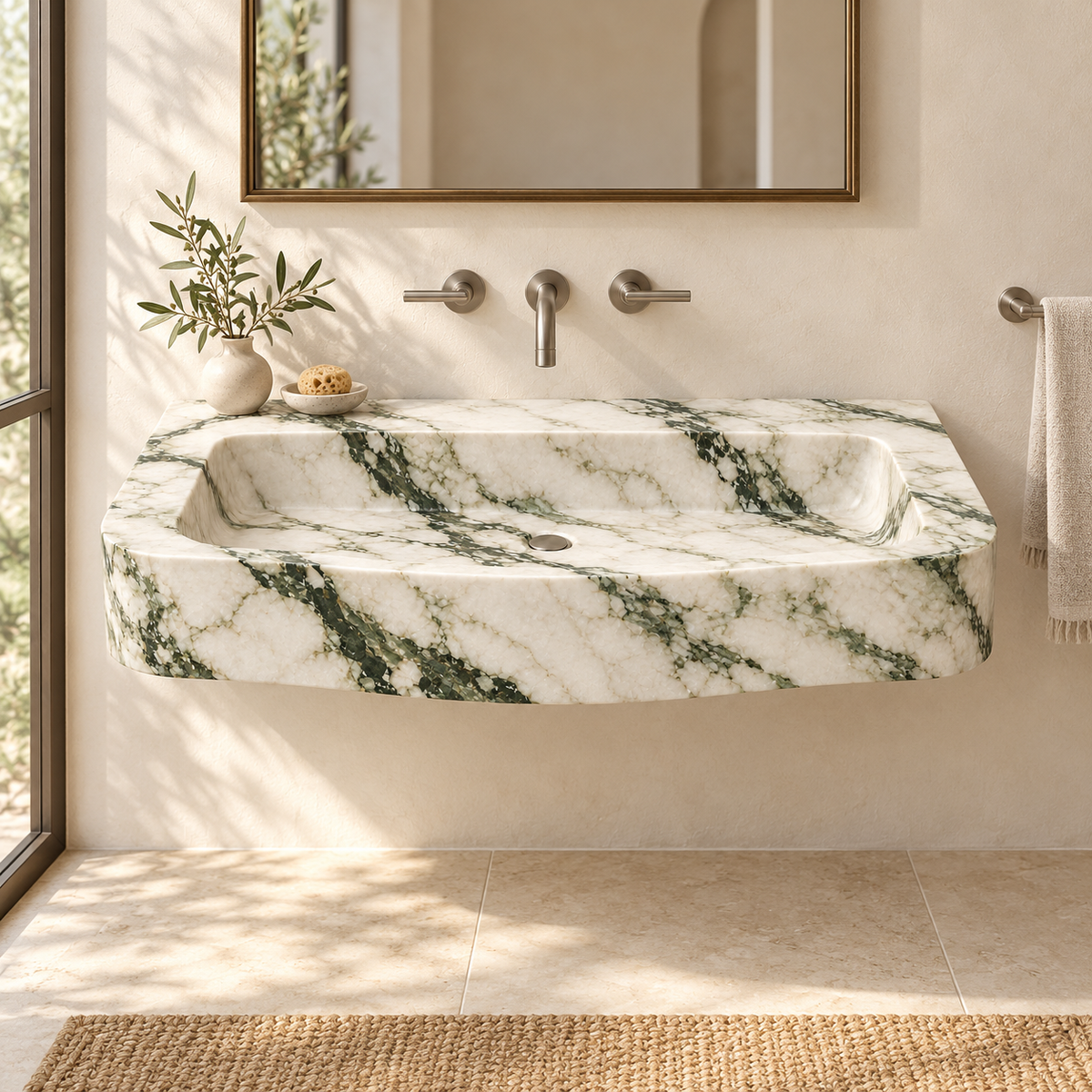 Cove Calacatta Green Curved Apron Floating Marble Sink, styled bathroom view, design rendering