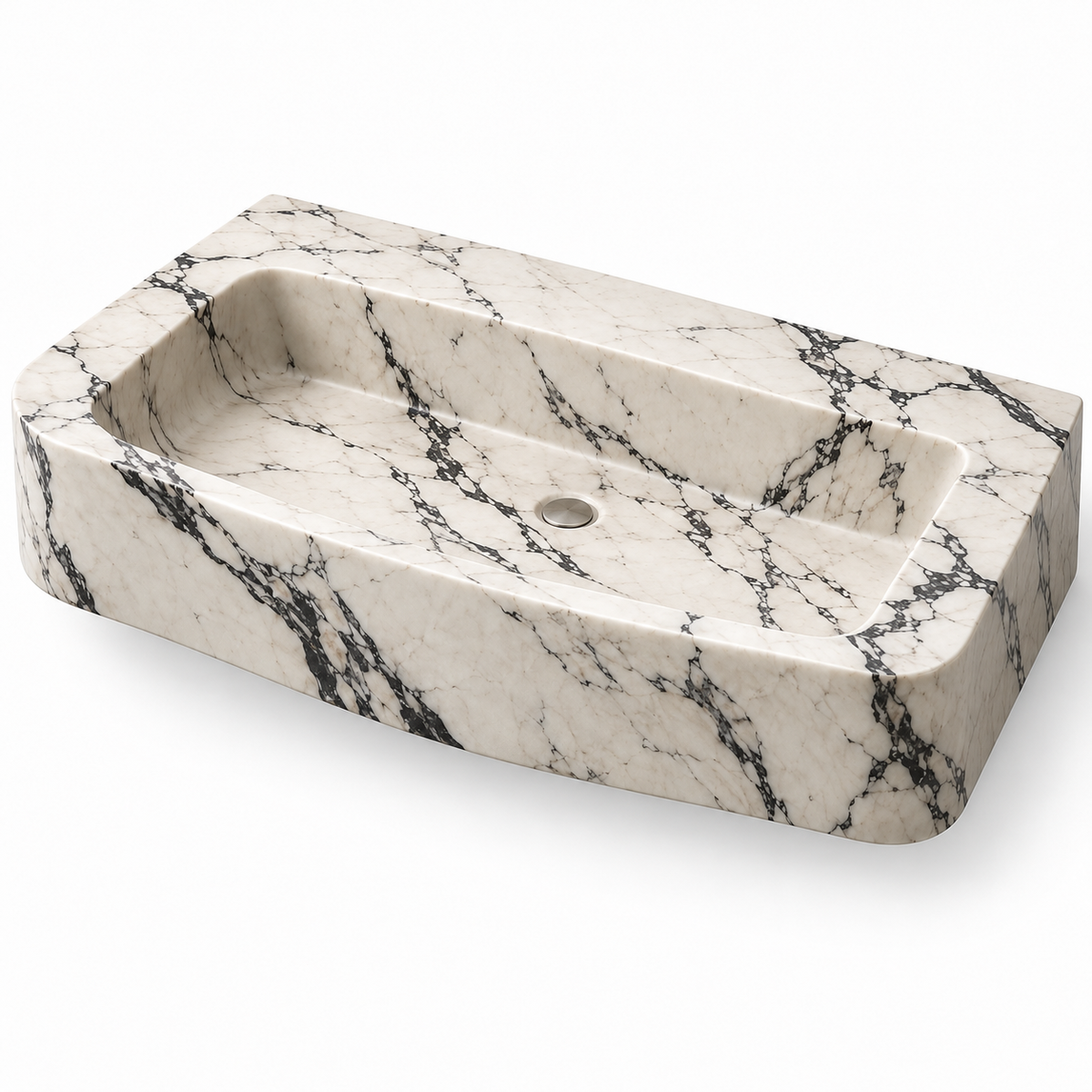 Cove Calacatta Viola Curved Apron Floating Marble Sink, three-quarter view on white, design rendering