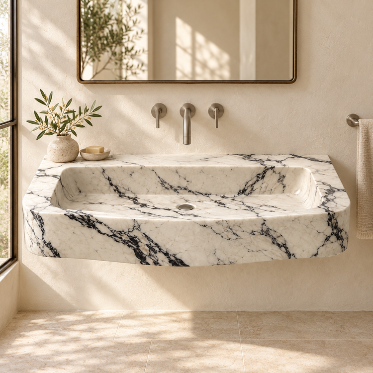 Cove Calacatta Viola Curved Apron Floating Marble Sink, styled bathroom view, design rendering