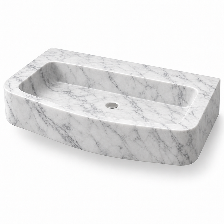 Cove Carrara Curved Apron Floating Marble Sink, three-quarter view on white, design rendering