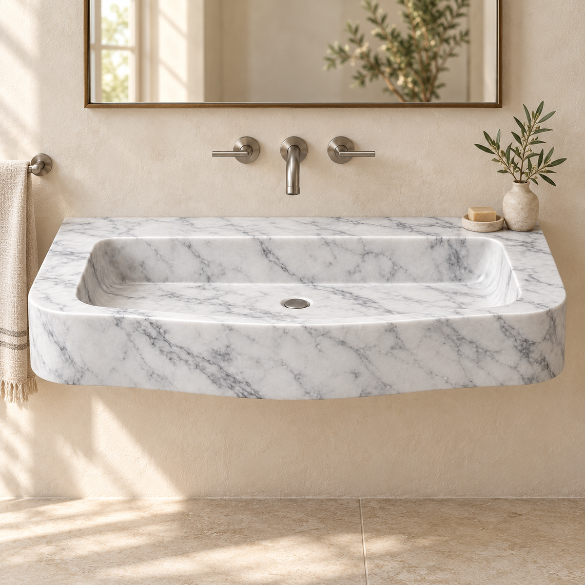Cove Carrara Curved Apron Floating Marble Sink, styled bathroom view, design rendering