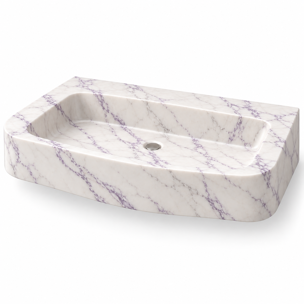Cove Lilac Curved Apron Floating Marble Sink, three-quarter view on white, design rendering