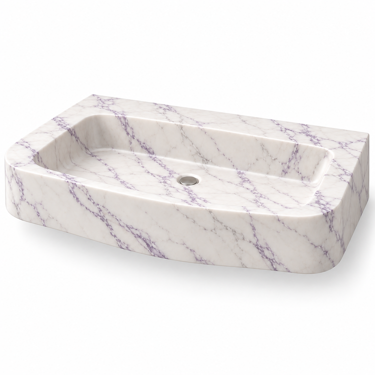 Cove Lilac Curved Apron Floating Marble Sink, three-quarter view on white, design rendering