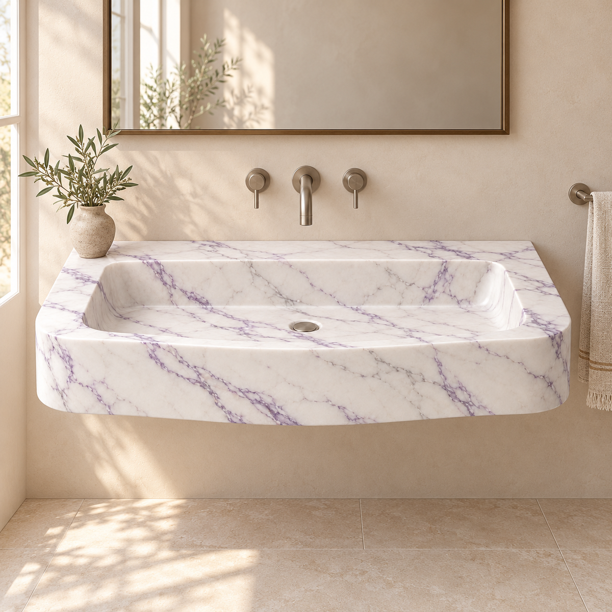 Cove Lilac Curved Apron Floating Marble Sink, styled bathroom view, design rendering