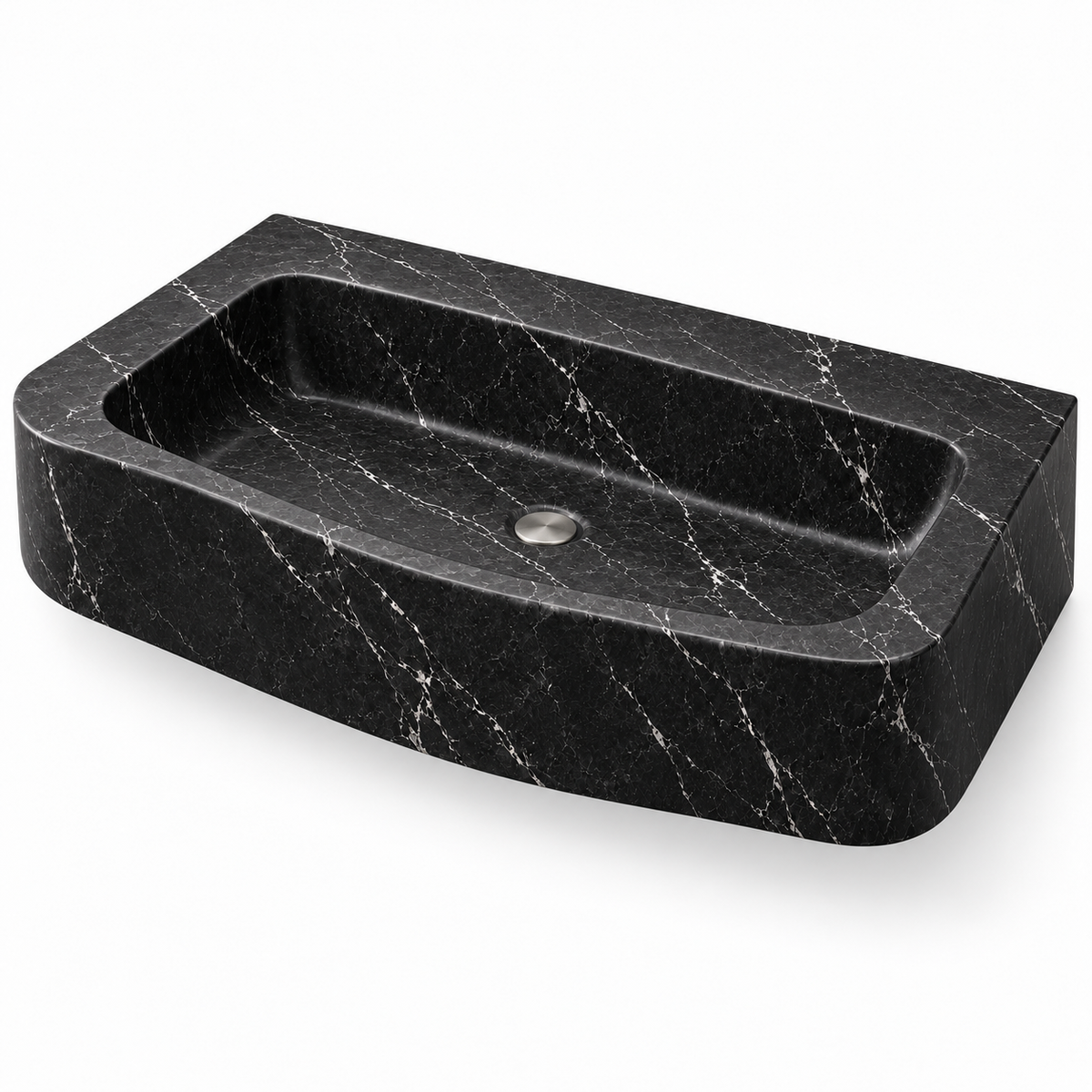 Cove Nero Marquina Curved Apron Floating Marble Sink, three-quarter view on white, design rendering