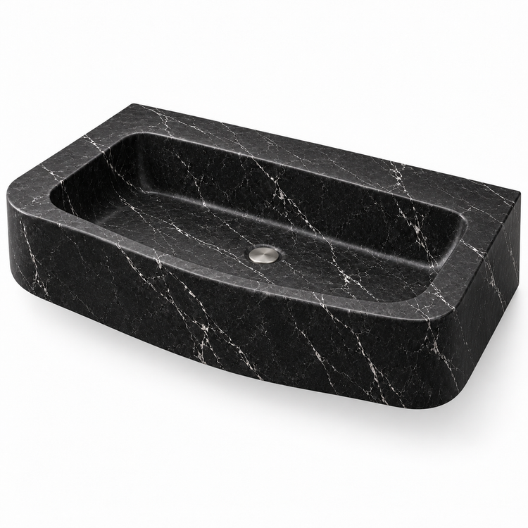 Cove Nero Marquina Curved Apron Floating Marble Sink, three-quarter view on white, design rendering