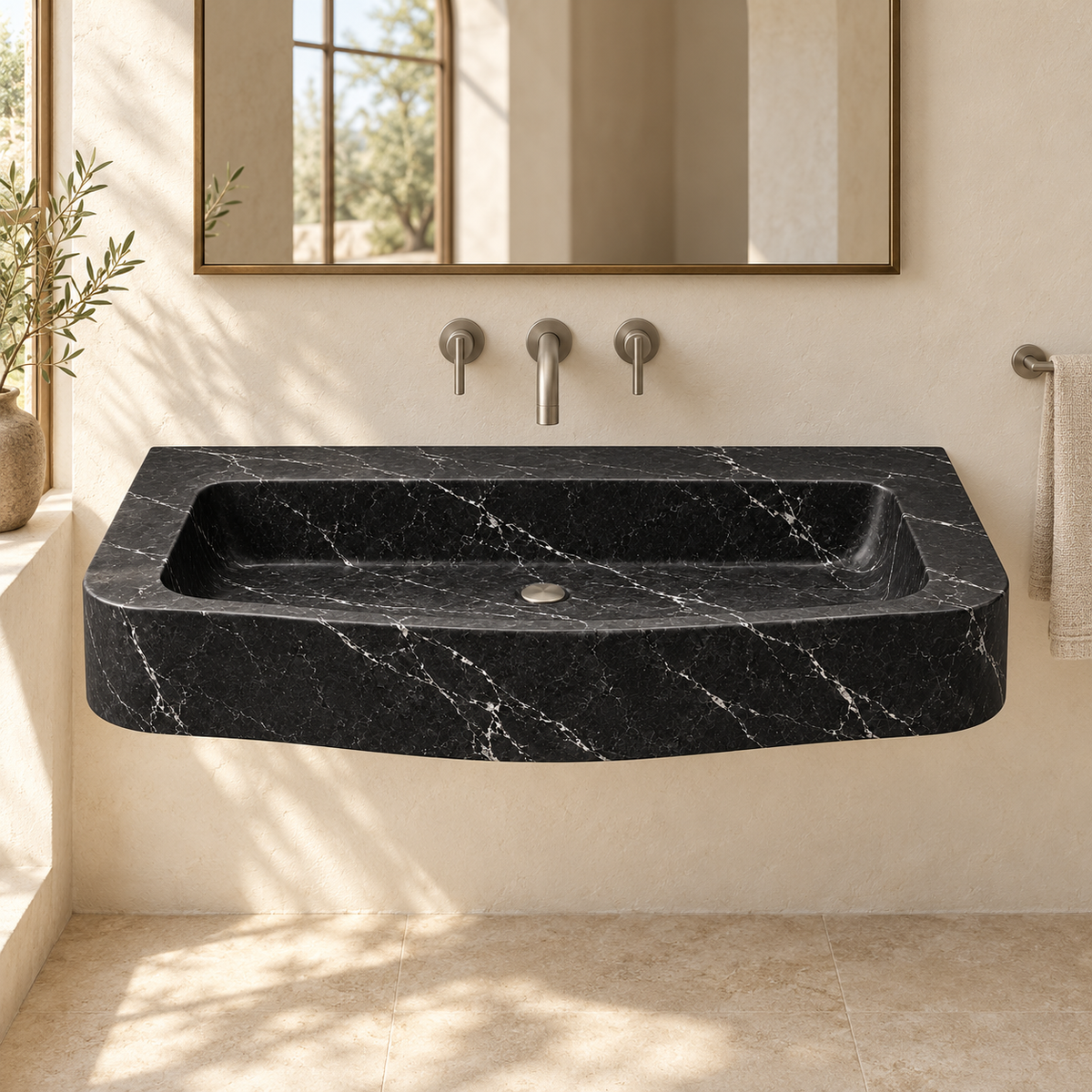 Cove Nero Marquina Curved Apron Floating Marble Sink, styled bathroom view, design rendering