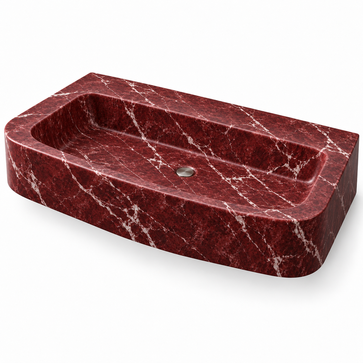 Cove Rosso Levanto Curved Apron Floating Marble Sink, three-quarter view on white, design rendering