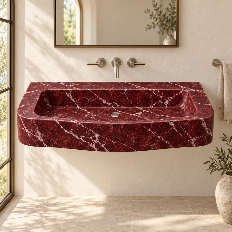 Cove Rosso Levanto Curved Apron Floating Marble Sink, styled bathroom view, design rendering