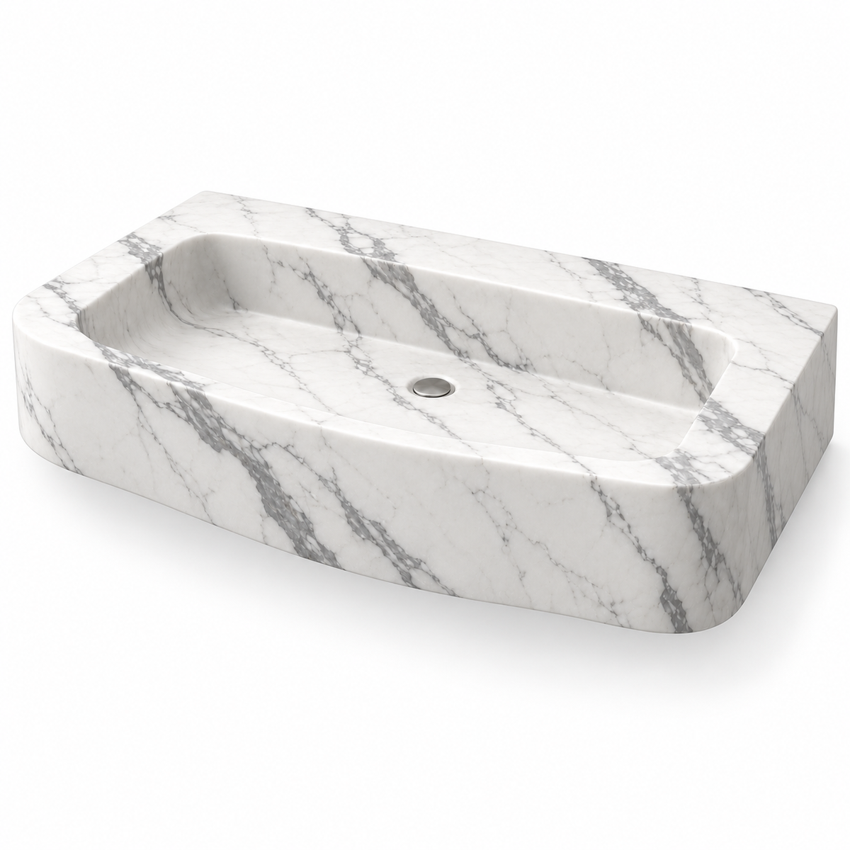 Cove Statuario Curved Apron Floating Marble Sink, three-quarter view on white, design rendering