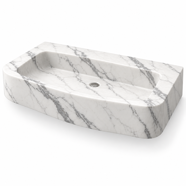 Cove Statuario Curved Apron Floating Marble Sink, three-quarter view on white, design rendering