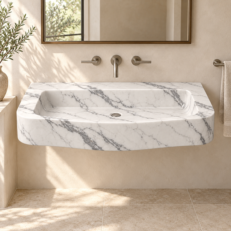 Cove Statuario Curved Apron Floating Marble Sink, styled bathroom view, design rendering