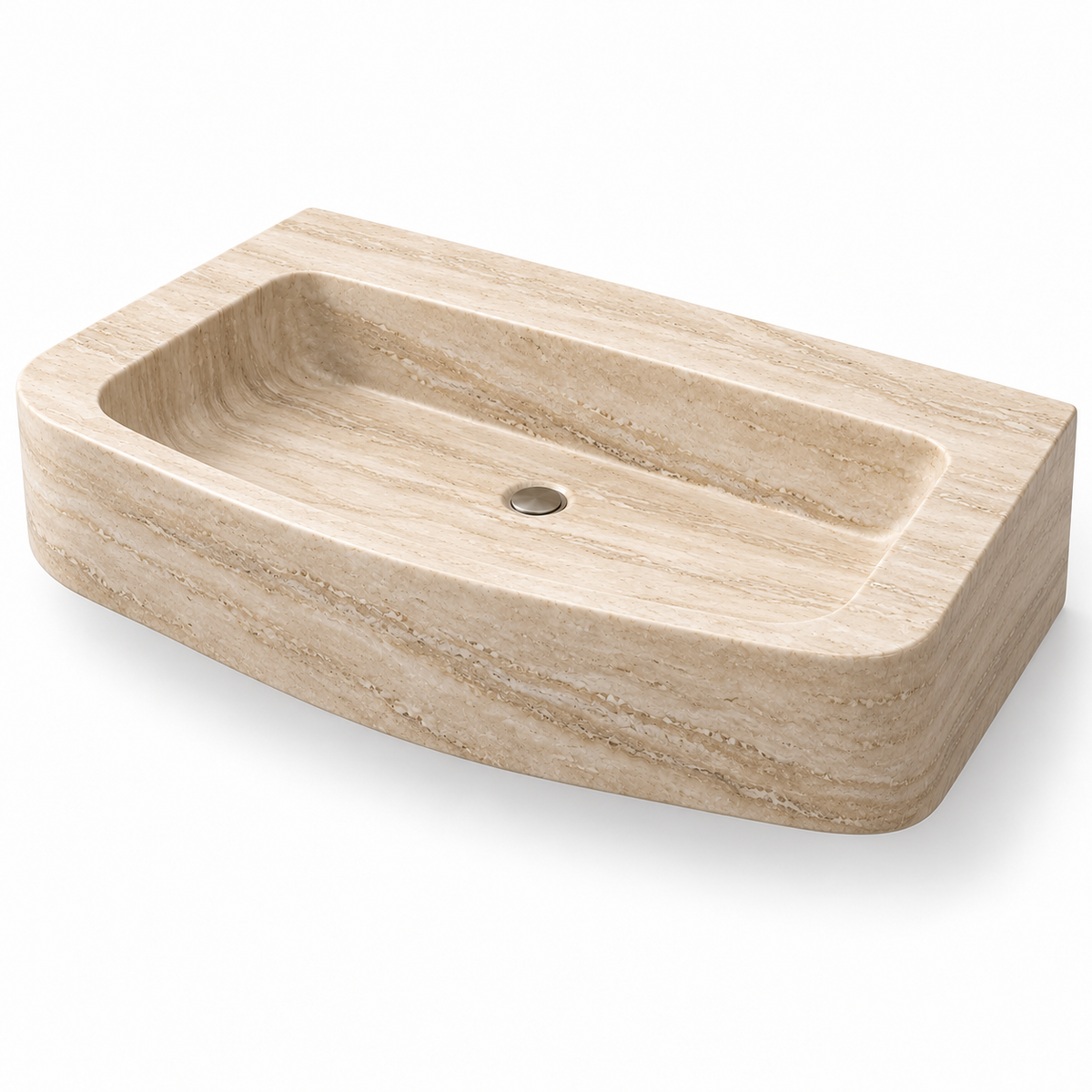 Cove Travertine Curved Apron Floating Stone Sink, three-quarter view on white, design rendering