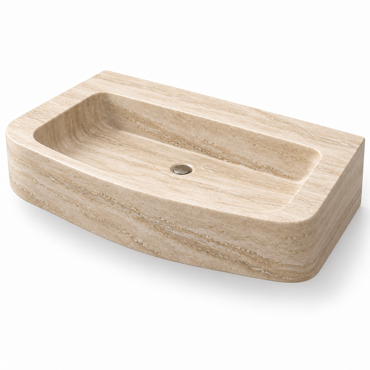 Cove Travertine Curved Apron Floating Stone Sink, three-quarter view on white, design rendering