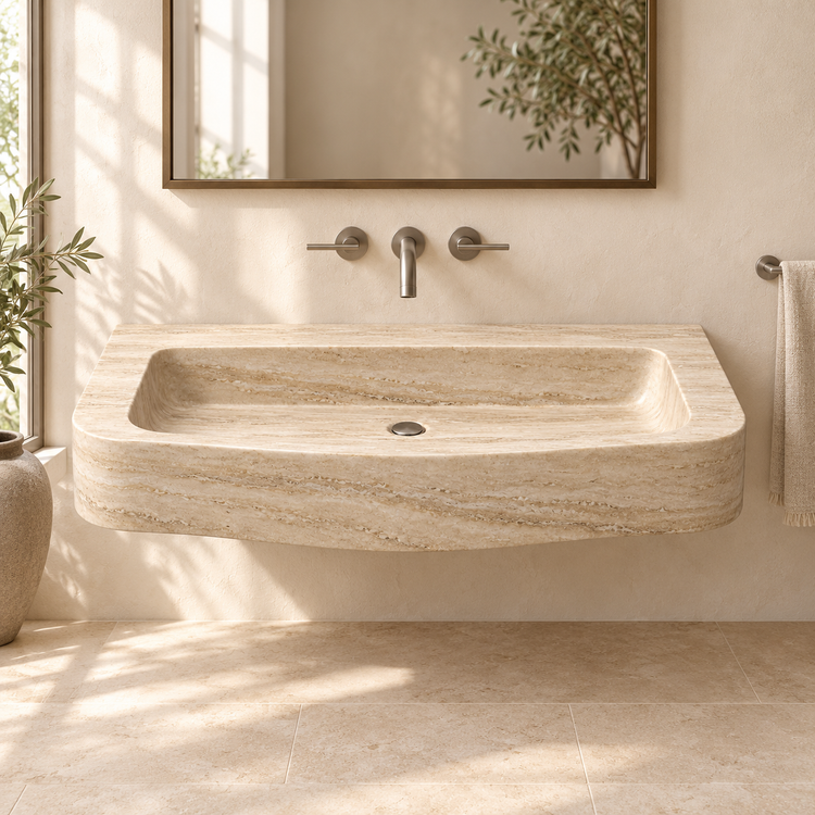 Cove Travertine Curved Apron Floating Stone Sink, styled bathroom view, design rendering