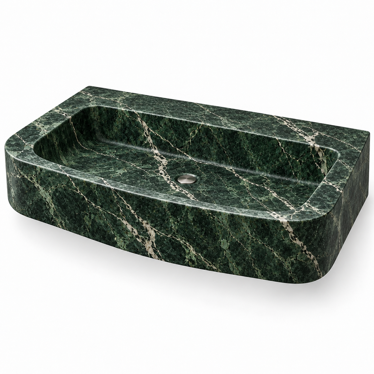Cove Verde Alpi Curved Apron Floating Marble Sink, three-quarter view on white, design rendering
