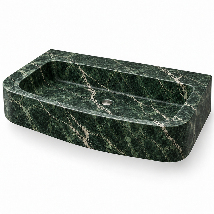 Cove Verde Alpi Curved Apron Floating Marble Sink, three-quarter view on white, design rendering