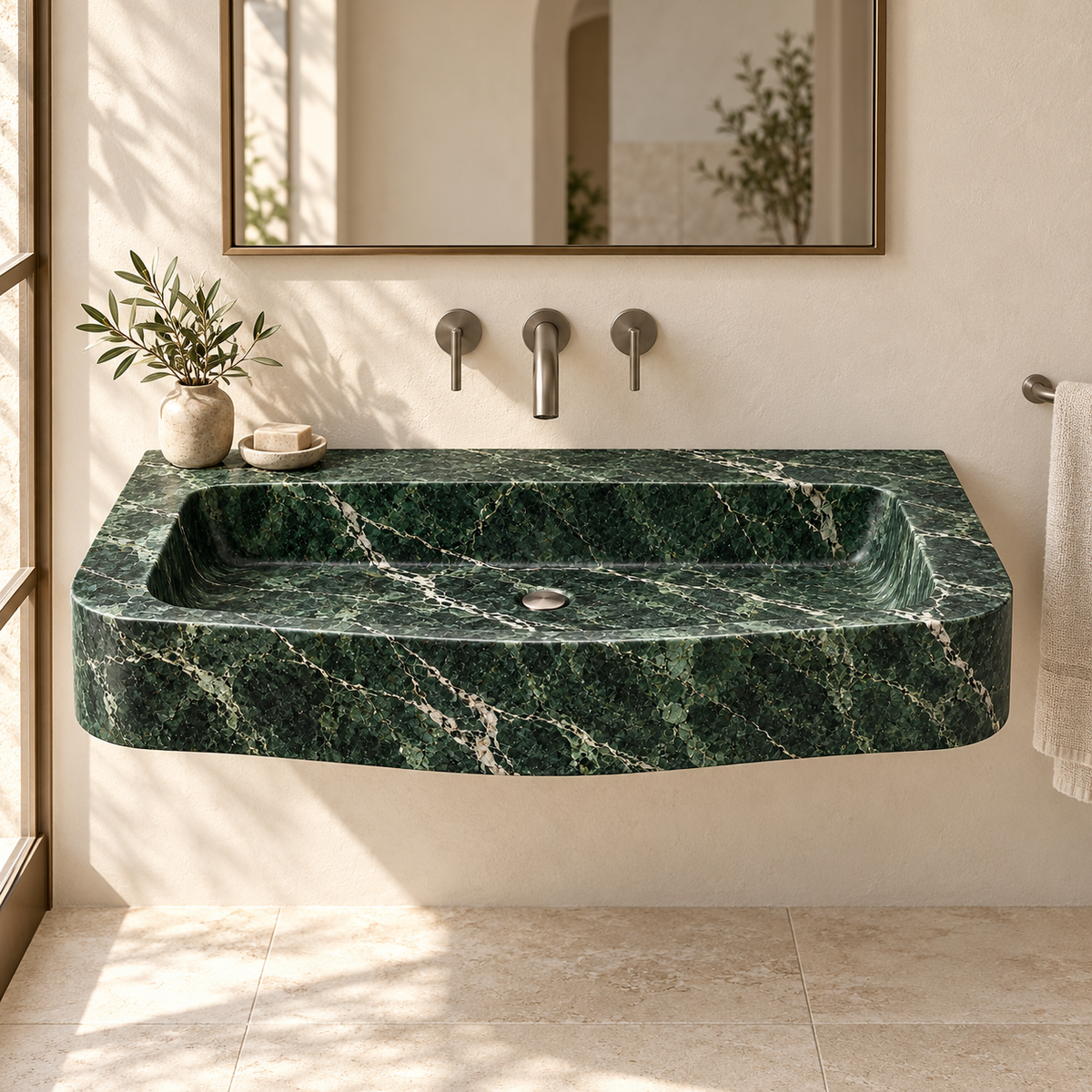 Cove Verde Alpi Curved Apron Floating Marble Sink, styled bathroom view, design rendering