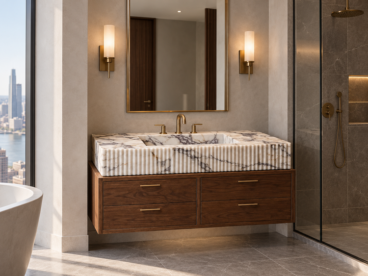 Fluted Calacatta Viola Marble Sink Vanity with Solid Wood Cabinet, installed room view (design rendering)