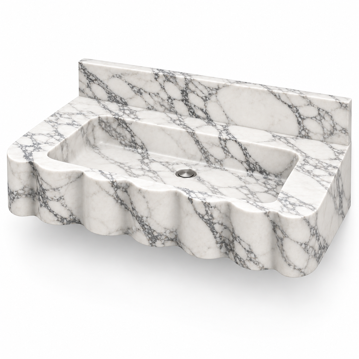 Dune Arabescato Wave Front Floating Marble Sink, three-quarter view on white, design rendering