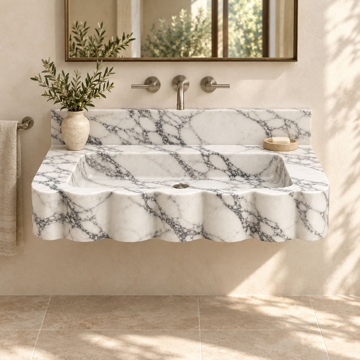 Dune Arabescato Wave Front Floating Marble Sink, styled bathroom view, design rendering