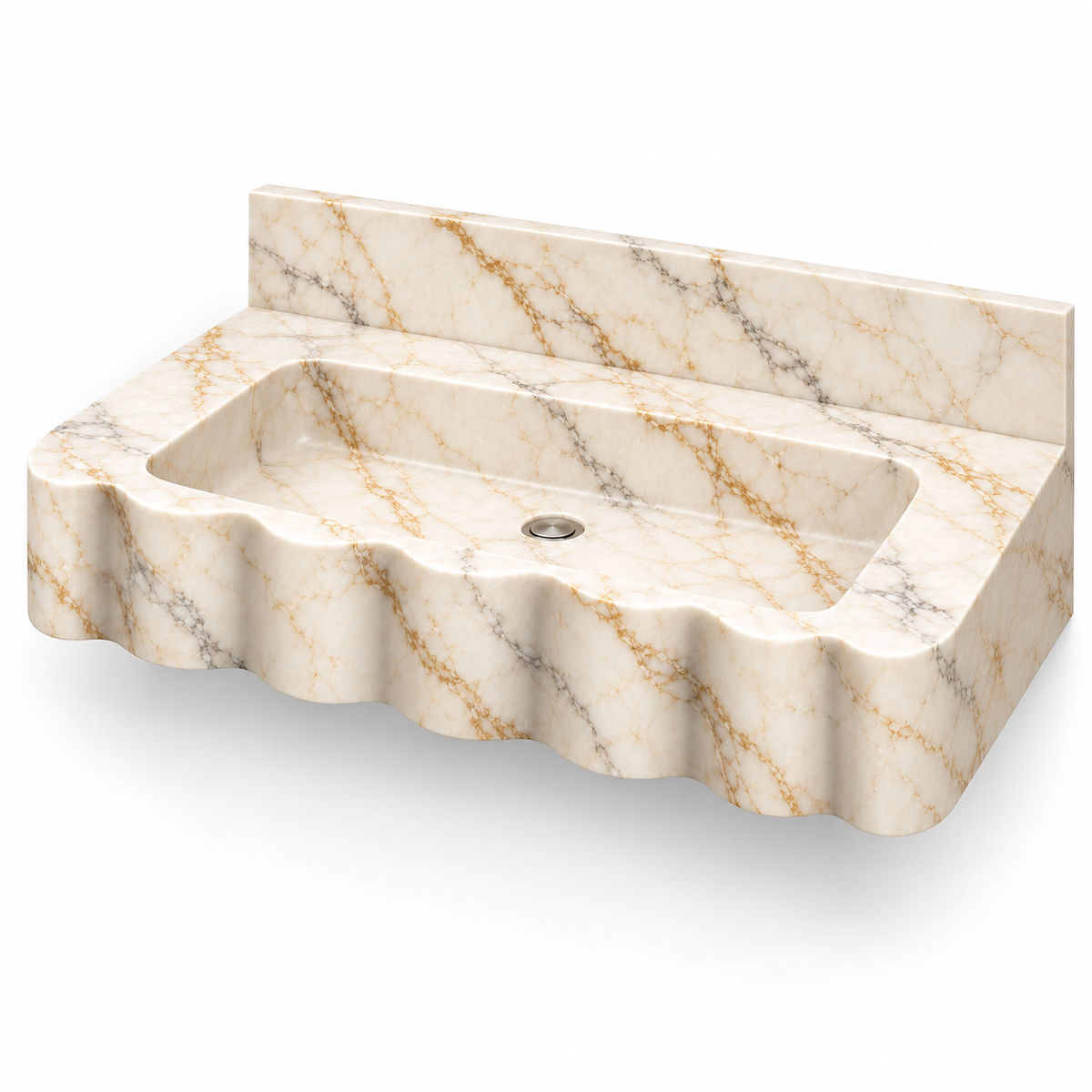 Dune Calacatta Gold Wave Front Floating Marble Sink, three-quarter view on white, design rendering