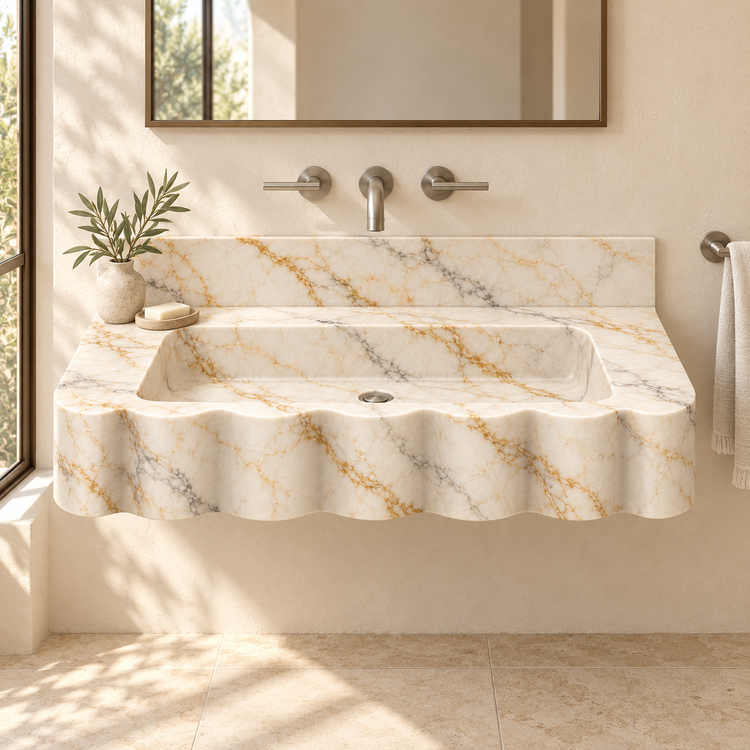 Dune Calacatta Gold Wave Front Floating Marble Sink, styled bathroom view, design rendering