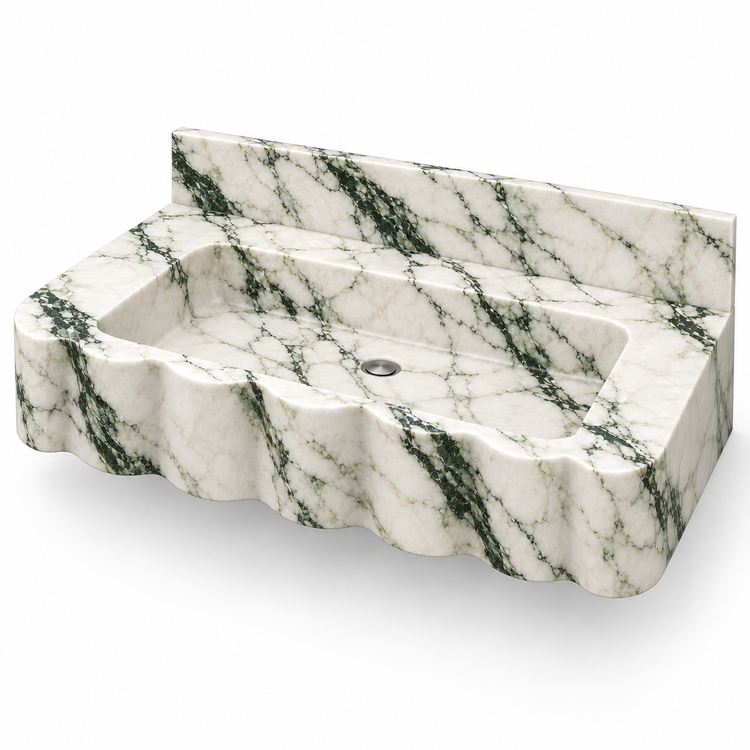 Dune Calacatta Green Wave Front Floating Marble Sink, three-quarter view on white, design rendering