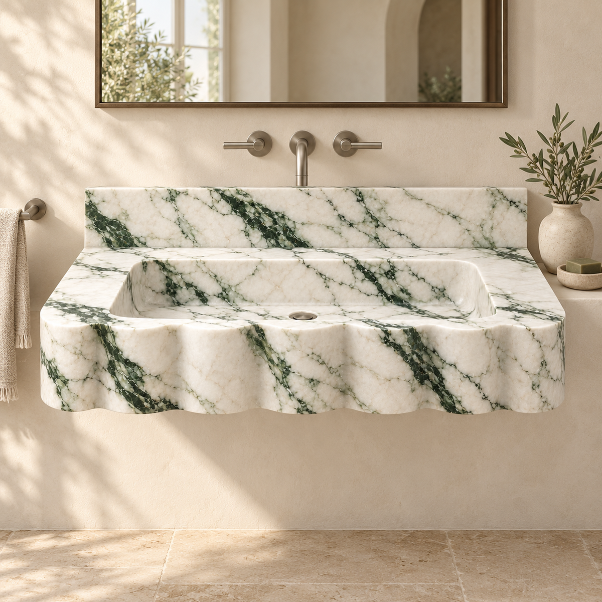 Dune Calacatta Green Wave Front Floating Marble Sink, styled bathroom view, design rendering