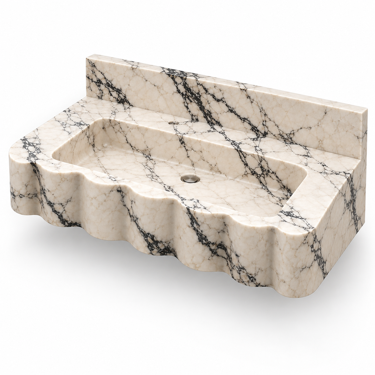 Dune Calacatta Viola Wave Front Floating Marble Sink, three-quarter view on white, design rendering