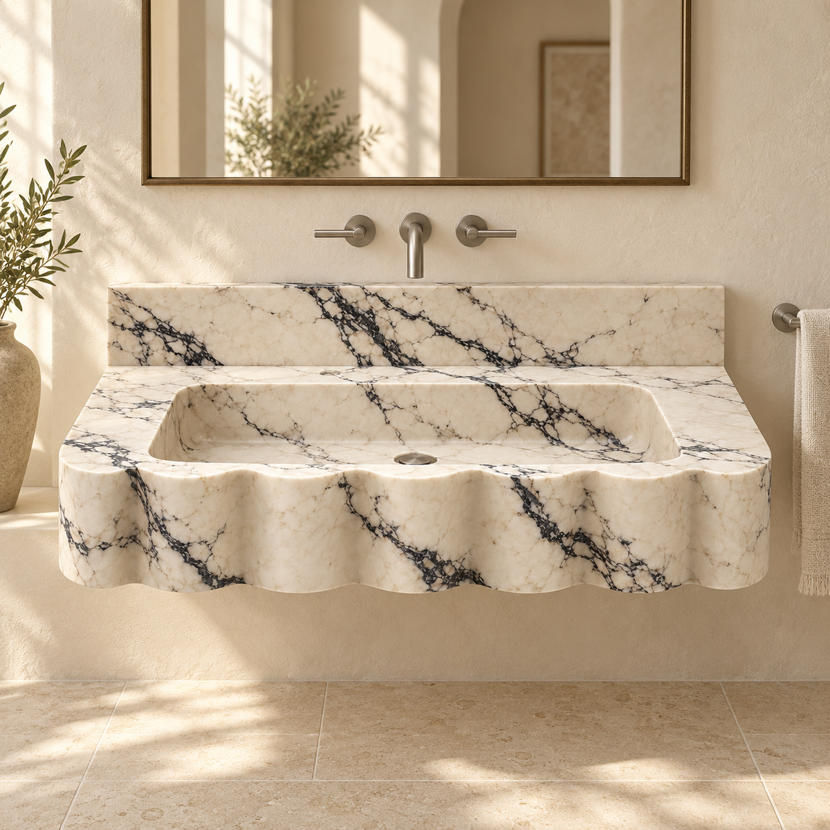 Dune Calacatta Viola Wave Front Floating Marble Sink, styled bathroom view, design rendering