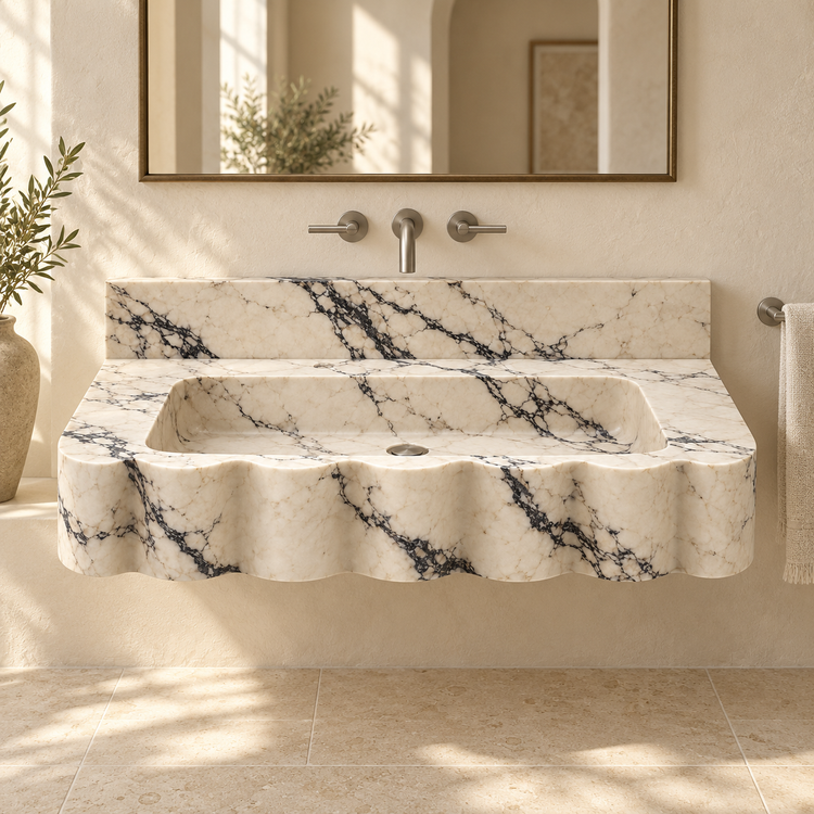 Dune Calacatta Viola Wave Front Floating Marble Sink, styled bathroom view, design rendering