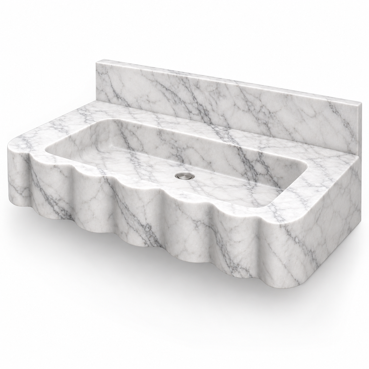 Dune Carrara Wave Front Floating Marble Sink, three-quarter view on white, design rendering