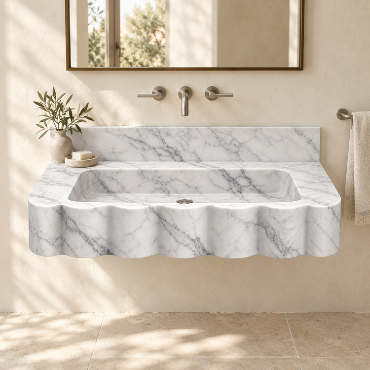 Dune Carrara Wave Front Floating Marble Sink, styled bathroom view, design rendering