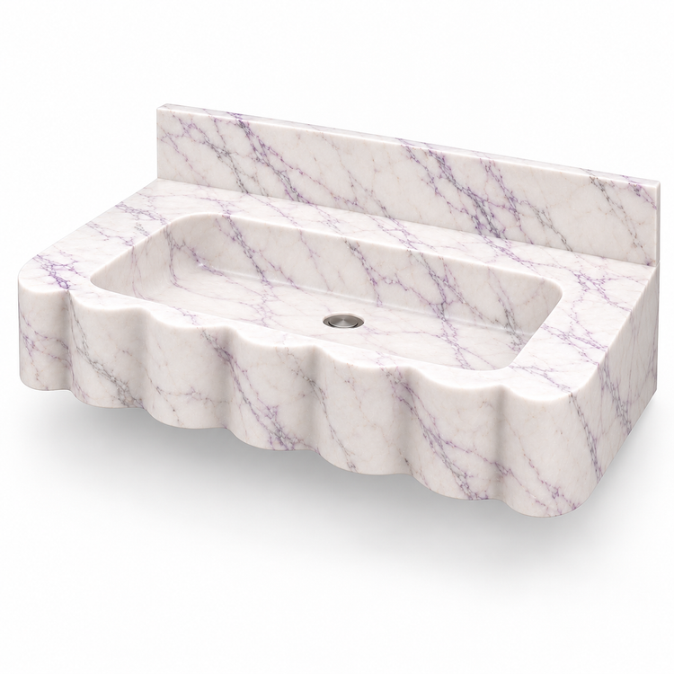 Dune Lilac Wave Front Floating Marble Sink, three-quarter view on white, design rendering