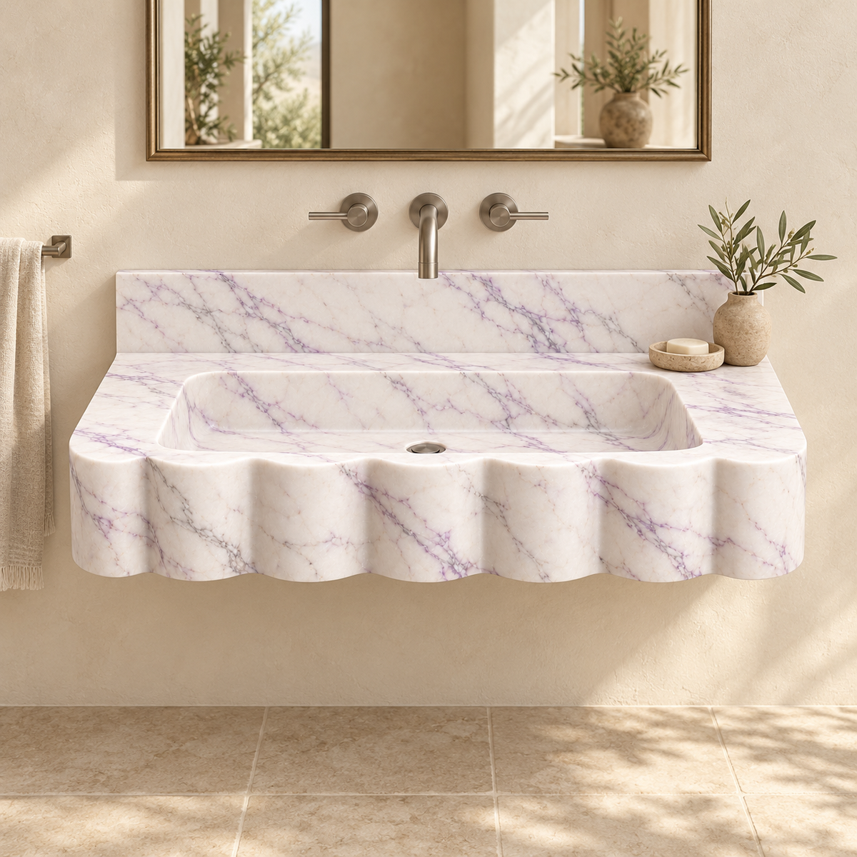 Dune Lilac Wave Front Floating Marble Sink, styled bathroom view, design rendering