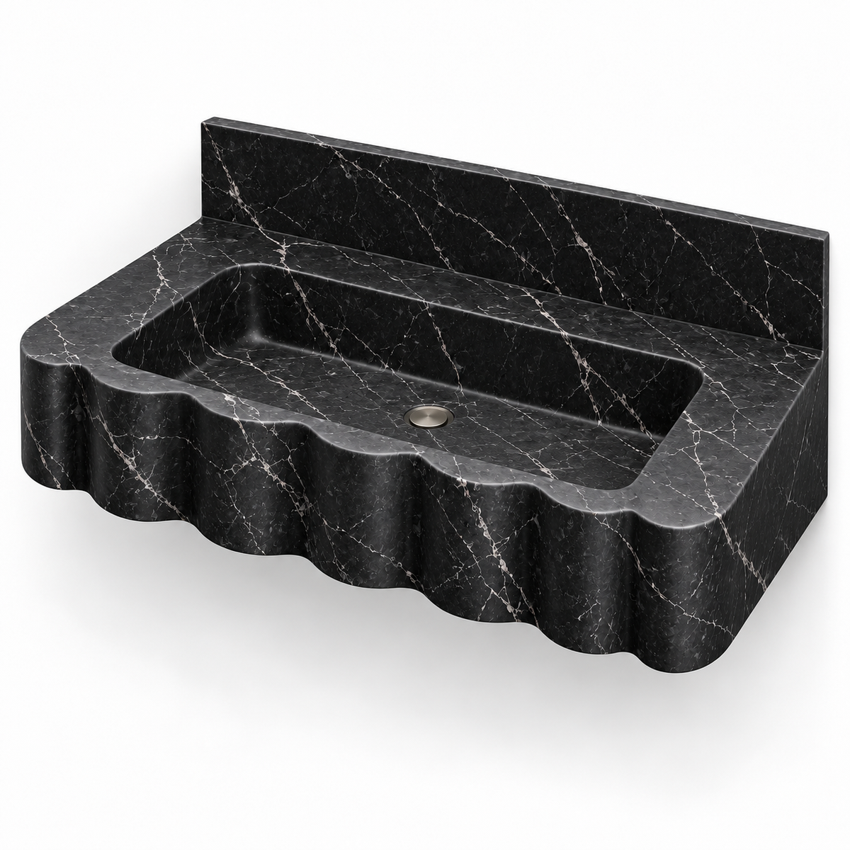 Dune Nero Marquina Wave Front Floating Marble Sink, three-quarter view on white, design rendering