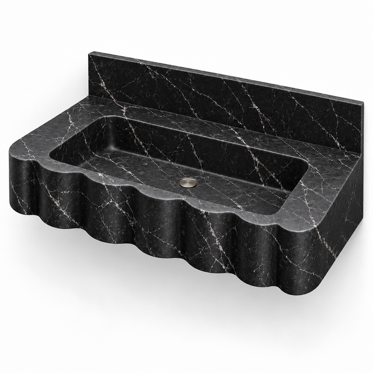 Dune Nero Marquina Wave Front Floating Marble Sink, three-quarter view on white, design rendering